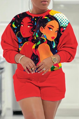 Red Casual Figure Print Patchwork Round Neck Long Sleeve Sweatshirts and Shorts Two Pieces Matching Sets