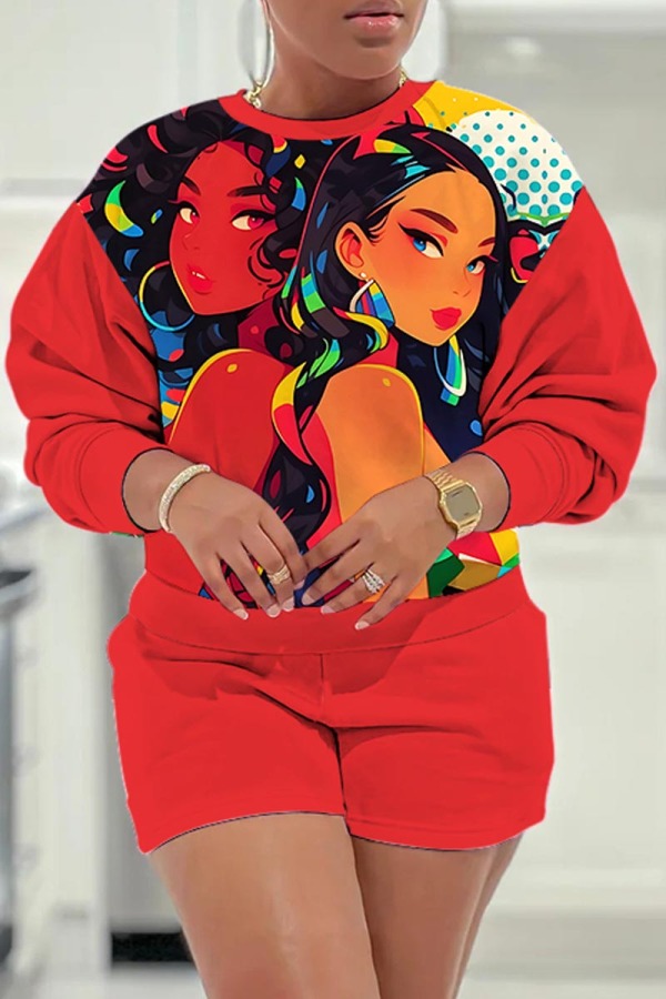 Red Casual Figure Print Patchwork Round Neck Long Sleeve Sweatshirts and Shorts Two Pieces Matching Sets