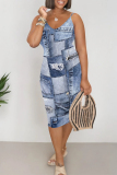 Dark Blue Faux Denim Print V Neck Sleeveless Casual Outing Bodycon Midi Slip Dress