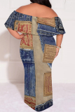 Dark Blue Faux Denim Print Ruffle Sleeve Off Shoulder Loose Fit Casual Outing Plus Size Maxi Dress