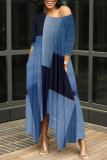 Blue Faux Denim Print O Neck 3/4 Sleeve Irregular Hem Pocket Straight Loose Maxi Dress