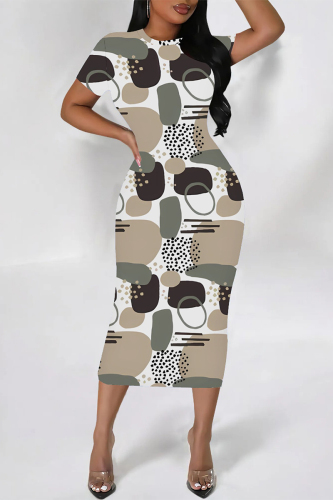 Multicolor Geometric Flowers Print O Neck Short Sleeve Casual Outing Bodycon T Shirt Midi Dress