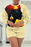 White Casual Figure Print Basic Round Neck Long Sleeve Sweatshirts and Shorts Two Pieces Matching Sets