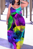 Blue Orange Graphic Print Sleeveless Backless Spaghetti Strap Floor Length Casual Outing Straight Loose Maxi Dress
