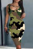 Purple Graphic Print Sleeveless U Neck Spaghetti Strap Casual Outing Bodycon Pencil Tank Midi Dress
