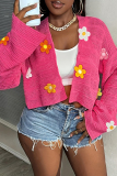 Rose Red Casual Embroidered Flowers Patchwork Long Sleeve Cardigan Collar Short Outerwear Knitted Jackets