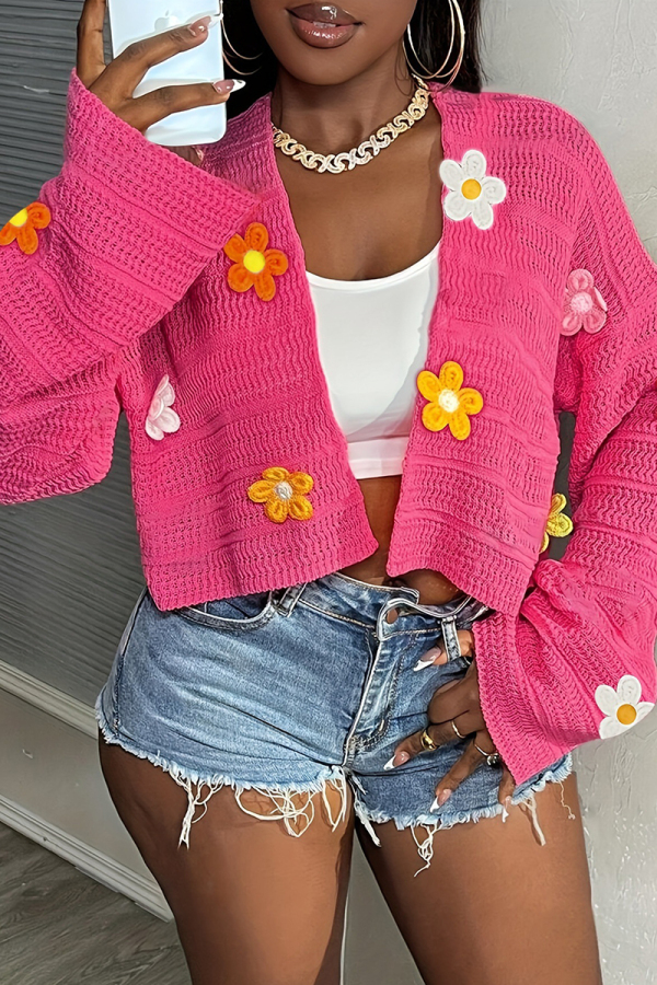 Rose Red Casual Embroidered Flowers Patchwork Long Sleeve Cardigan Collar Short Outerwear Knitted Jackets