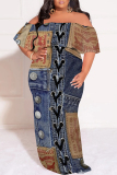 Dark Blue Faux Denim Print Ruffle Sleeve Off Shoulder Loose Fit Casual Outing Plus Size Maxi Dress