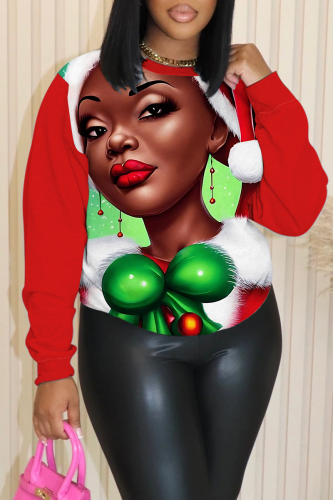 Red Green Christmas Casual Figure Print Round Neck Long Sleeve Tops Sweatshirts