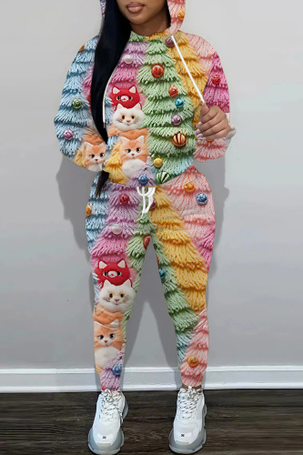 Multicolor Sportwear Casual 3D Print Basic Hooded Long Sleeve Sweatshirts and Drawstring Pants Two Pieces Sweatsuits Sets