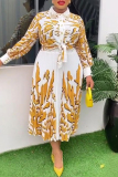 Green Elegant Zebra Print Buckle Ruched Turndown Collar Long Sleeve Shirts and Long Skirts Two Pieces Dress Sets
