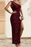 Pink Sleeveless One-Shoulder High Slit Ruched Side Formal Wedding Party Bodycon Shiny Sequins Maxi Dress