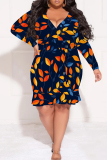 Black Floral Graphic Print V Neck Long Sleeve With Belt Knee Length Casual Outing Plus Size Ruffled Hem Wrap Midi Dress