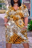 Dark Brown Leopard Graphic Print V Neck Short Sleeve Casual Outing Straight T Shirt Midi Dress
