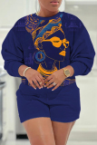 Dark Blue Casual Figure Print Round Neck Long Sleeve Sweatshirts and Shorts Two Pieces Matching Sets