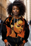 Brown Casual Figure Print Basic Long Sleeve Hooded Tops Sweatshirts