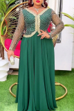 Green Sequin Sheer Long Sleeves V Neck Halloween Pleated Maxi Dress