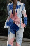 Purple Office Lady Casual Leaf Print Button up Turn-back Collar Long Sleeve Suits and Pants Two Pieces Matching Sets
