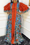 Green Puffy Sleeves  Front Zipper Floor-Length Celebrations Wedding Plus Size African Traditional Loose Maxi  Dress