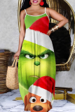 Green Christmas Grinch Outfits Sleeveless Backless Spaghetti Strap Floor Length Casual Outing Straight Loose Maxi Slip Dress