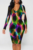 Gray-Red Graphic Print V Neck Long Sleeve Casual Outing Bodycon Pencil Midi Dress