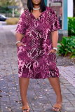 Dark Brown Leopard Graphic Print V Neck Short Sleeve Casual Outing Straight T Shirt Midi Dress