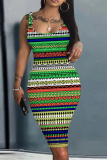 Green Graphic Print Sleeveless U Neck Spaghetti Strap Casual Outing Bodycon Pencil Tank Midi Dress