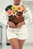 White Casual Figure Print Basic Round Neck Long Sleeve Sweatshirts and Shorts Two Pieces Matching Sets