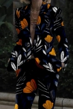 Purple Office Lady Casual Leaf Print Button up Turn-back Collar Long Sleeve Suits and Pants Two Pieces Matching Sets