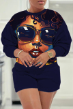 Dark Blue Casual Figure Print Round Neck Long Sleeve Sweatshirts and Shorts Two Pieces Matching Sets