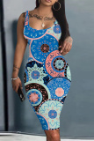 Green Graphic Print Sleeveless U Neck Spaghetti Strap Casual Outing Bodycon Pencil Tank Midi Dress