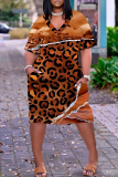 Dark Brown Leopard Graphic Print V Neck Short Sleeve Casual Outing Straight T Shirt Midi Dress