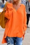 Orange Loose Woolen Weaving Slit V Neck Long Sleeve Tops Blouses Knit Sweater Fall Winter Blouses