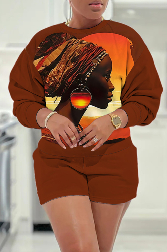 White Casual Figure Print Basic Round Neck Long Sleeve Sweatshirts and Shorts Two Pieces Matching Sets