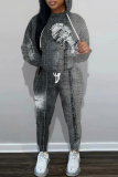 Dark Grey Faux Denim Print Basic Hooded Long Sleeve Sweatshirts and Pants Two Pieces Sweatsuits Sets