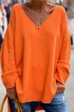 Orange Loose Woolen Weaving Slit V Neck Long Sleeve Tops Blouses Knit Sweater Fall Winter Blouses