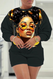 Dark Blue Casual Figure Print Round Neck Long Sleeve Sweatshirts and Shorts Two Pieces Matching Sets
