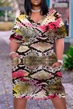 Dark Brown Leopard Graphic Print V Neck Short Sleeve Casual Outing Straight T Shirt Midi Dress