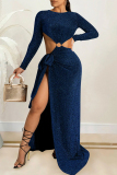 Black O Neck Long Sleeve Hollow Out High Slit Strap Design Cocktail Party Loose Fit Maxi Dress