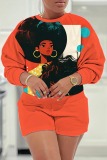 Red Casual Figure Print Patchwork Round Neck Long Sleeve Sweatshirts and Shorts Two Pieces Matching Sets