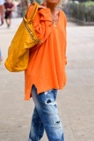 Orange Loose Woolen Weaving Slit V Neck Long Sleeve Tops Blouses Knit Sweater Fall Winter Blouses