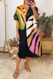 Black Leaf Print V Neck Half Sleeve Casual Outing Straight Loose Maxi Dress