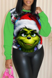 Green Red Christmas Casual Figure Print Round Neck Long Sleeve Tops Sweatshirts