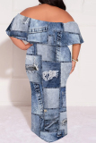 Dark Blue Faux Denim Print Ruffle Sleeve Off Shoulder Loose Fit Casual Outing Plus Size Maxi Dress