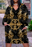 Navy Blue Casual Print V Neck Long Sleeve Knee Length Pocket Straight Loose Midi Dress