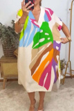 Black Leaf Print V Neck Half Sleeve Casual Outing Straight Loose Maxi Dress