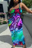 Multicolor Graphic Print Sleeveless Backless Spaghetti Strap Floor Length Casual Outing Bodycon Maxi Slip Dress