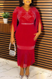 Black V-neckline Fringe Trim Geometric Gold Hot Drill Waist with Belted Fringe Hem Bodycon Plus Size Cocktail Party Maxi Dress