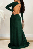 Black O Neck Long Sleeve Hollow Out High Slit Strap Design Cocktail Party Loose Fit Maxi Dress