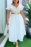 Black Beaded Decor V Neck Butterfly Sleeves Hollow Waist with Gold Belt A Line Formal Wedding Party Midi Dress